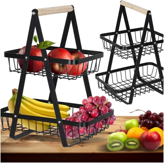 Two-tier metal fruit basket with wooden handle