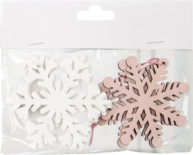 Wooden snowflake-shaped ornaments, pink-white, 4 pcs