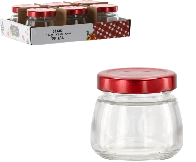 Steklena posodica 100 ml z rdečim kovinskim pokrovčkom