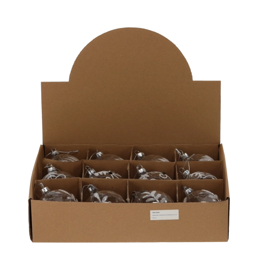 Steklena božična krogla 8 cm, prozorna, mešanica vzorcev (pakiranje 12 kos)