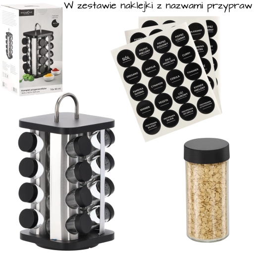 Vrtljiv kvadratni stojalo za začimbe z ročajem, 16 kozarčkov, črno‑srebrn, 16,5 × 16,5 × 33,5 cm