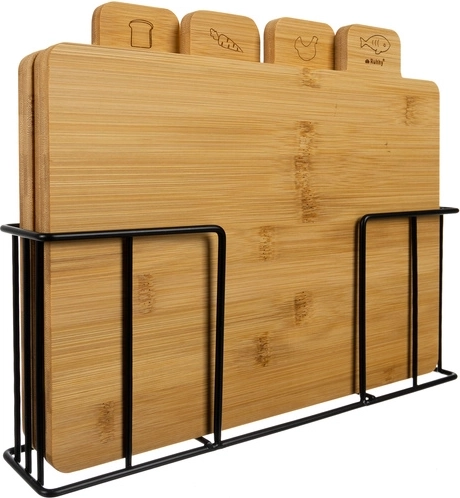 Set bambusovih desk za rezanje RUHHY, 4 kosi s stojalom