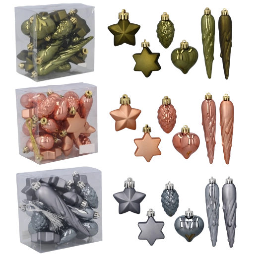 Set 20 plastičnih božičnih okraskov – olivna, bakrena in grafitna, 4 cm