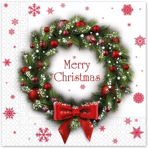 Božični papirnati prtički 33 × 33 cm, 3-slojni, motiv venčka, 20 kosov