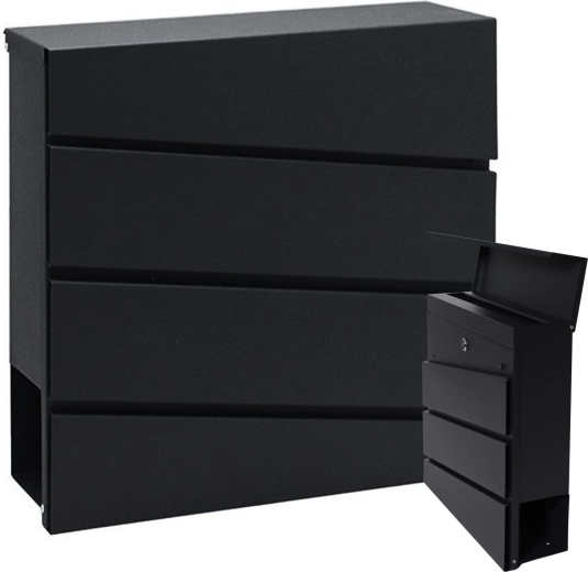 Large wall-mounted A4 mailbox with newspaper tube, black