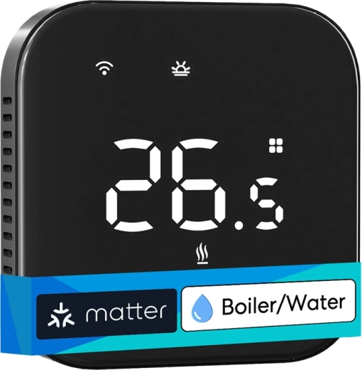 Pametni Wi‑Fi termostat Meross Pro za vodno ogrevanje z Matter, črn