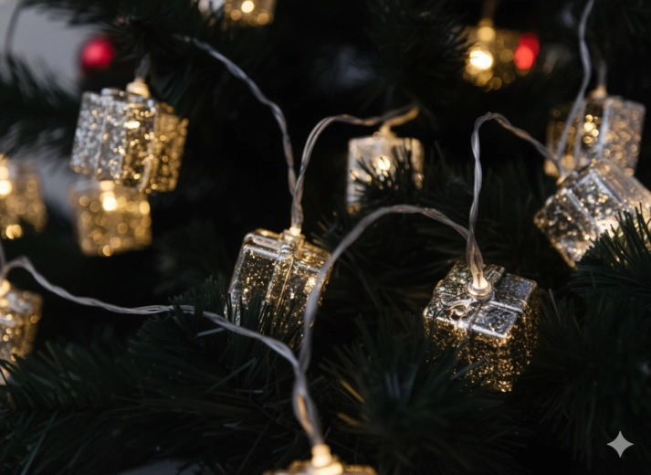 LED svetlobna veriga s srebrnimi darilci, toplo bela, 10 LED