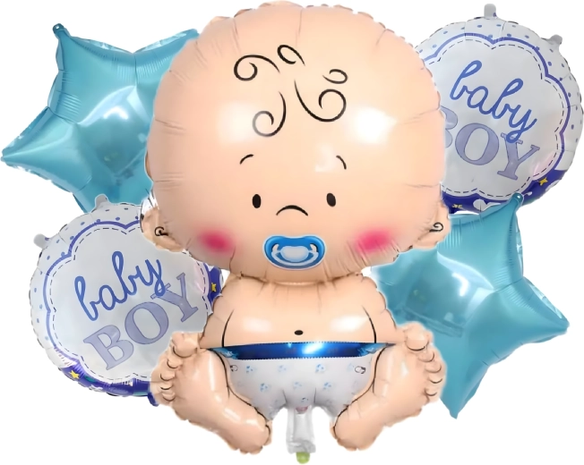 Baloni za baby shower za dečka – set 5 kosov z motivom dojenčka in zvezdic