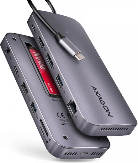 Axagon HMC-12GM2 USB-C razdelilnik 12v1 z M.2 NVMe/SATA, 10 Gb/s, HDMI/DP 4K 60 Hz, GLAN, SD/microSD, audio, PD 100 W