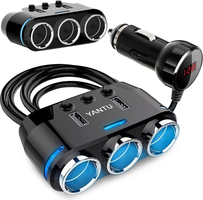 Razdelilec za avto s 3 vtičnicami za vžigalnik in 2 USB, voltmeter
