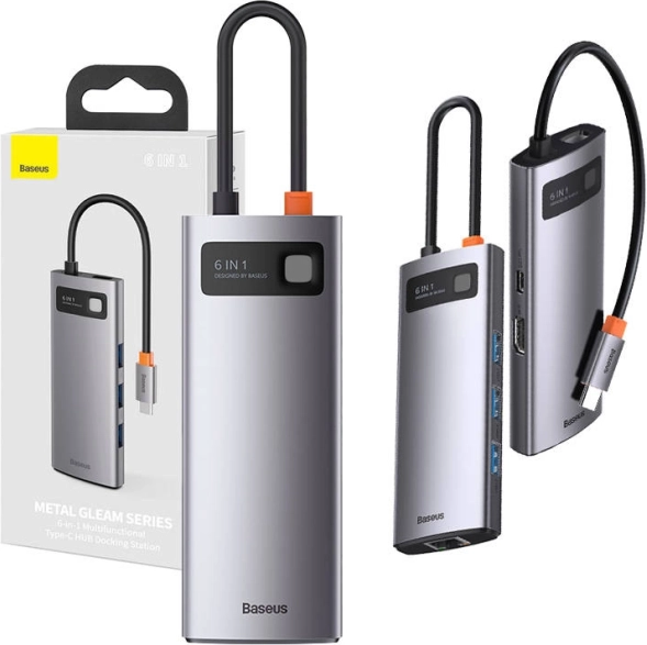 USB-C razširitveno vozlišče 6-v-1 Baseus Metal Gleam s HDMI, 3× USB 3.0, PD in gigabitnim Ethernetom