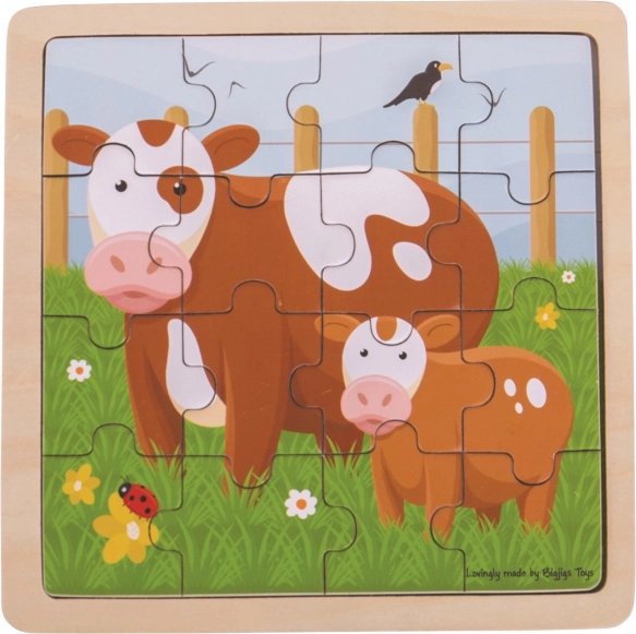 Bigjigs Toys lesene puzzle Kravica s teličkom – 16 koščkov