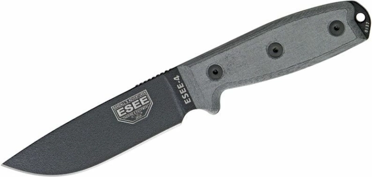 Univerzalni nož ESEE 4 z rezilom 11,4 cm, Micarta, črna/siva, tok MOLLE