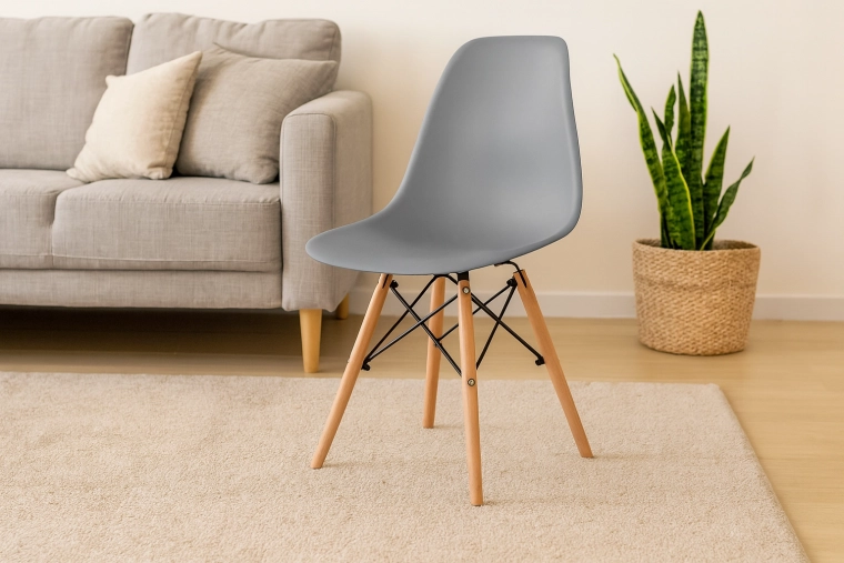 Moderen sivi jedilniški stol na lesenih nogah