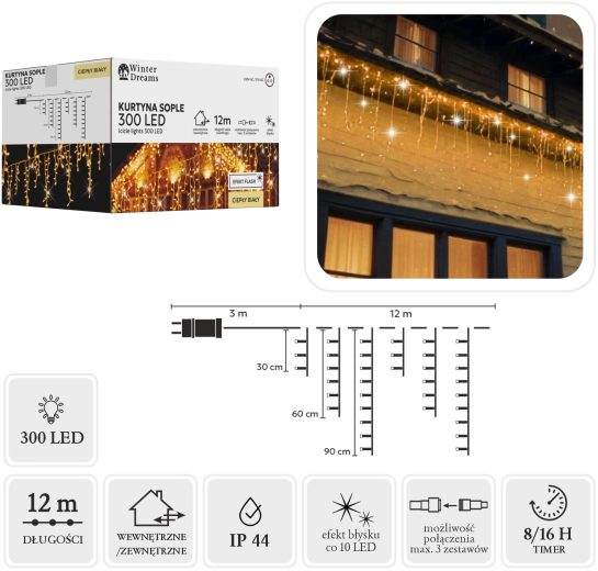 LED svetlobna veriga ledene sveče, 300 LED, topla bela s hladnim utripajočim učinkom, 12 m