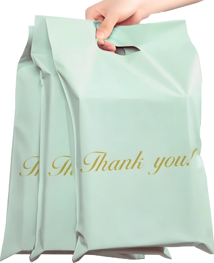 Poly mailers/mail bags with handle 400 × 500 + 70 mm, mint, 50 pcs, THANK YOU print