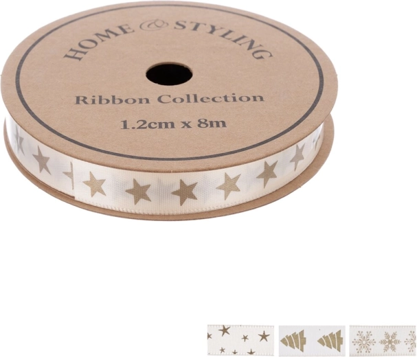 Home Styling božični dekorativni trak bež z zlatim potiskom 1,2 cm x 8 m