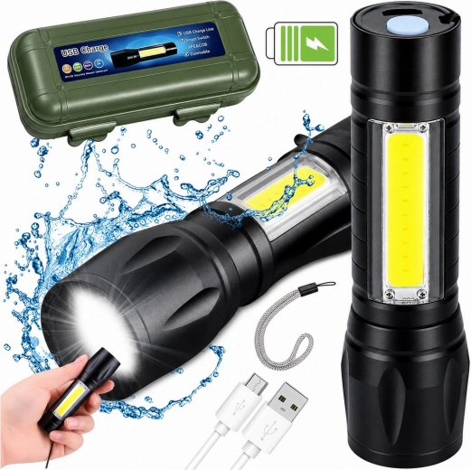Taktična LED svetilka COB z USB-polnjenjem, zoomom in etuijem