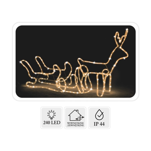 Božični LED jelen s sanmi 120 × 27 × 66 cm, toplo bela + hladni blisk, za notranjo in zunanjo uporabo