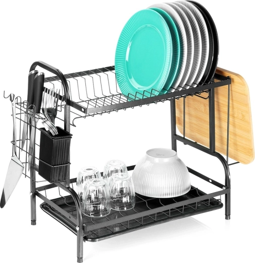 Kovinski odcejalnik za posodo, črn, dvonadstropni 52 × 24,5 × 40 cm