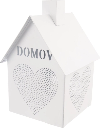 Beli kovinski svečnik v obliki hišice s srcem »Domov« 17 cm