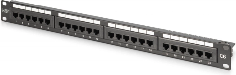 Patch panel 19" 24× RJ45 Cat 6, neoklopljen, 1U, LSA, vodenje kablov, opisna polja, črn