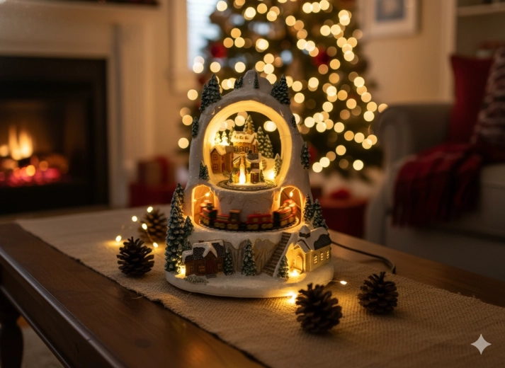 Božična LED zimska vasica z vlakcem, glasbena skrinjica 23 × 23 × 25,5 cm