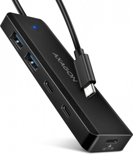 Potovalni USB‑C razdelilnik AXAGON s 4 priključki 5Gbps (2× USB‑A, 2× USB‑C) z napajanjem USB‑C in kablom 19 cm