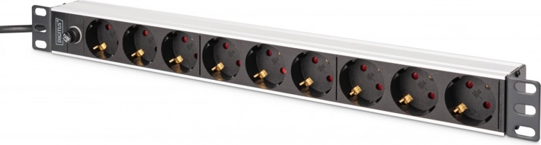 PDU power strip for 19" rack with fuse, 9x Schuko (45°), 2 m cable with IEC C14, 10 A, aluminum