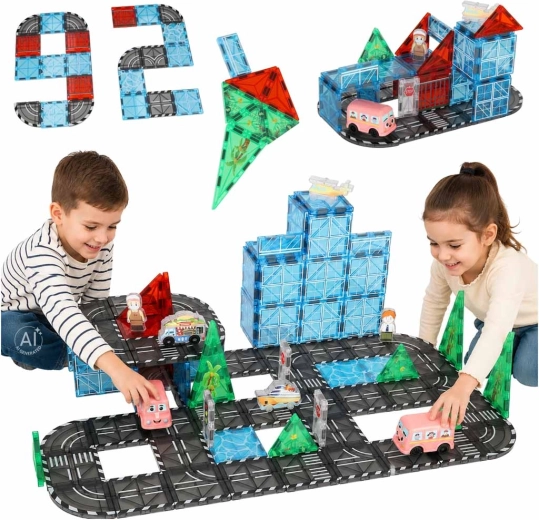 Magnetne konstrukcijske kocke 3D mesto z avtomobilčki – 91 delov