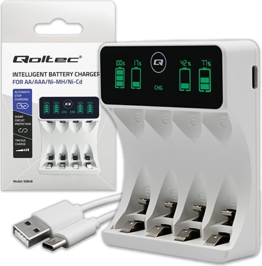 Polnilec za baterije Ni-MH AA/AAA z LCD in kablom USB‑C, bel