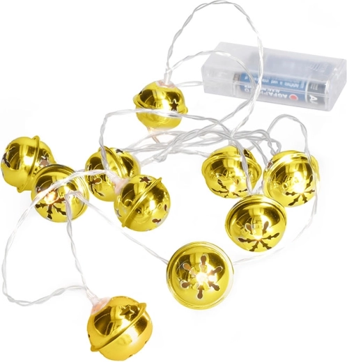 Solight LED Christmas string lights with bells, 10 LEDs, gold, 1.5 m, battery-powered