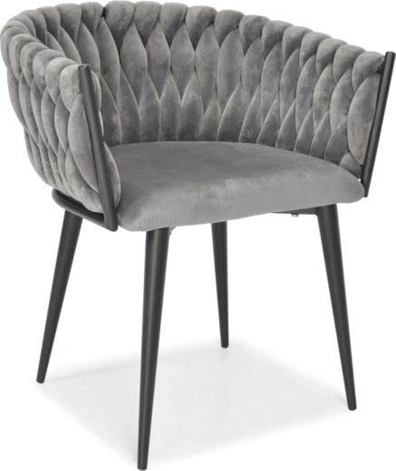 Oblazinjeni žametni jedilni in dnevni stol, siv velur, črne kovinske noge