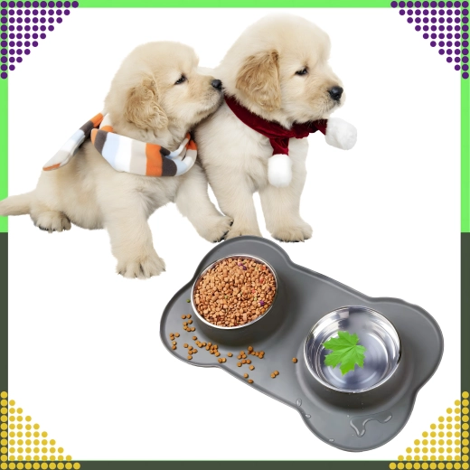 Dvojna skleda za pse in mačke s protizdrsno silikonsko podlago 2 × 450 ml, nerjaveče jeklo