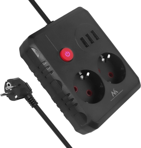 Razdelilec z 2 vtičnicama in 3× USB, 2500 W, 1,5 m, črn