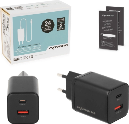 Omrežni polnilnik Movano GaN 45 W USB-C PD + USB-A črn