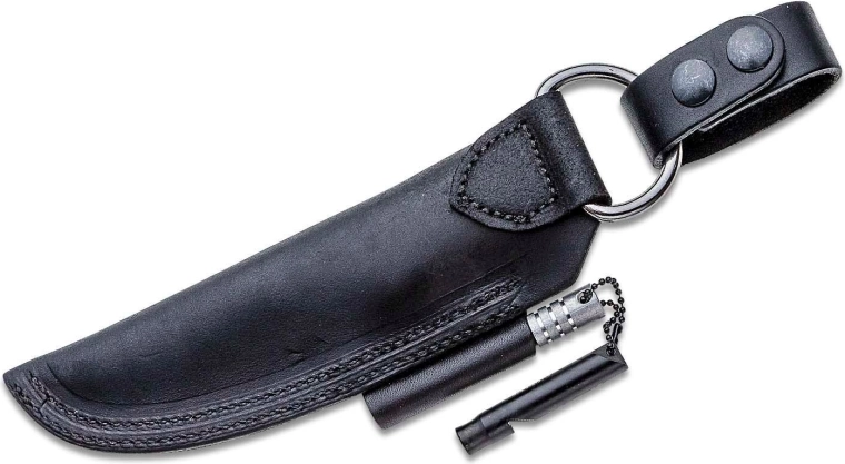 Leather sheath with fire starter and whistle