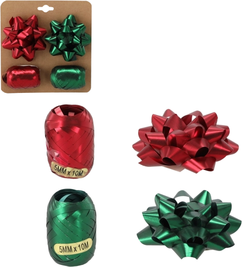 Komplet za zavijanje daril – zelena in rdeča (2 trakova + 2 pentlji)