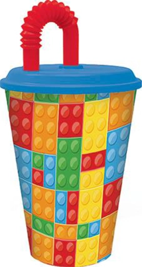 Plastični lonček s slamico 430 ml Kocke