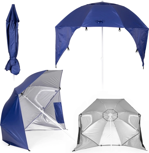 MultiGarden plažni senčnik 2v1 s stranskimi stenami proti vetru, nastavljiv 125–200 cm, moder