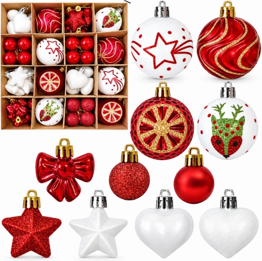 Christmas Shatterproof Tree Ornaments, Set of 64 Pieces