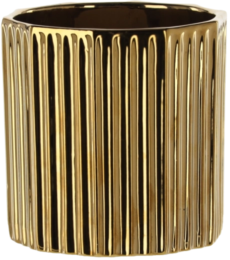Keramični okrasni lonec v zlati barvi s črtastim vzorcem 15 × 15 × 15 cm
