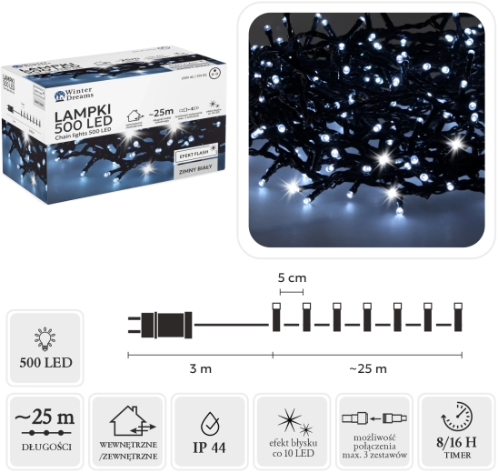 LED string lights, 500 diodes, cool white with flash effect, 25 m