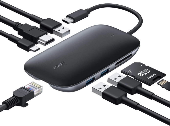Aukey USB‑C hub 8v1 s HDMI 4K, gigabitnim Ethernetom in Power Delivery 100 W