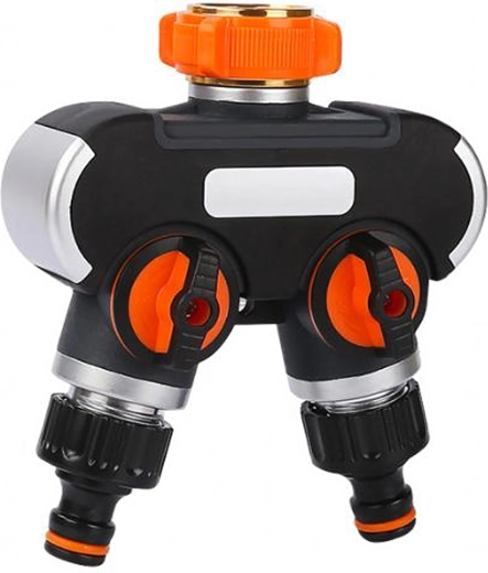 Dvojni razdelilnik za vrtno cev z neodvisnimi zapirali