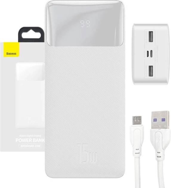 power banka Baseus Bipow 30000 mAh, 15 W, bela
