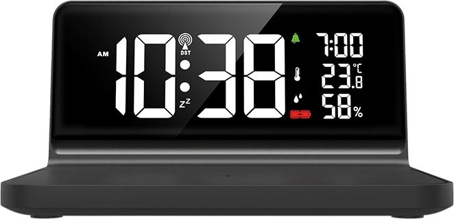 Clear LCD display with time and environmental data