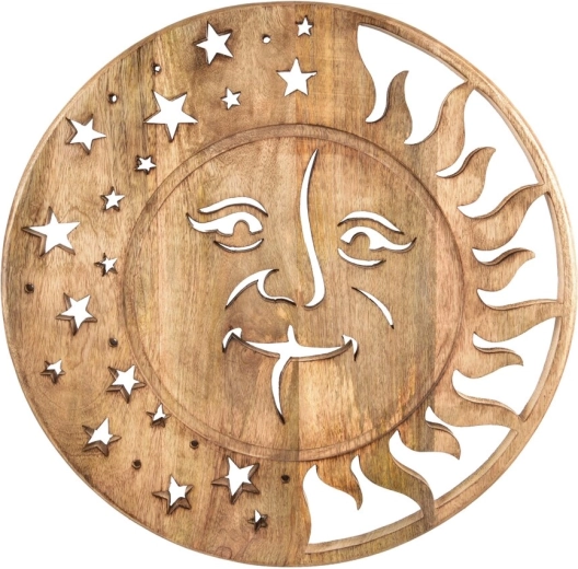 Stenska dekoracija Sonce/luna iz mangovega lesa 50 × 50 cm