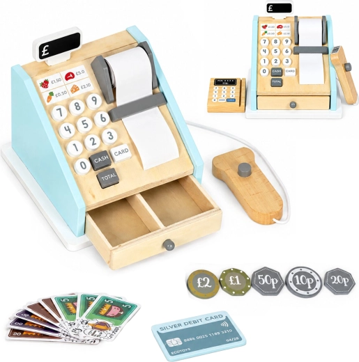 Wooden Children's Cash Register with Payment Terminal and Scanner ECOTOYS
