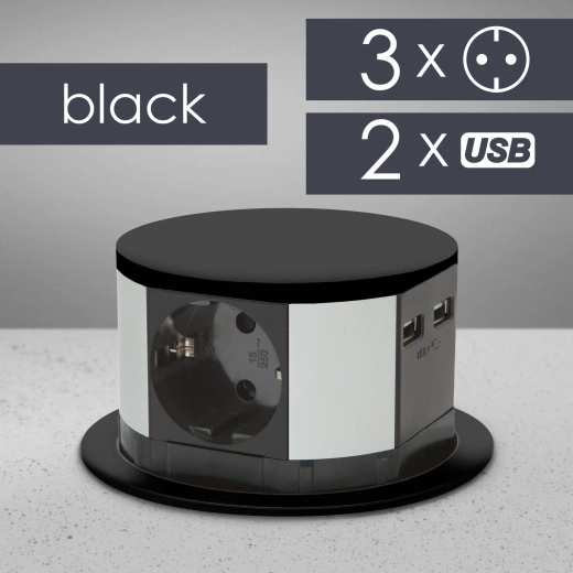 Pop-up built-in power strip with 3 sockets, USB-A and USB-C, black